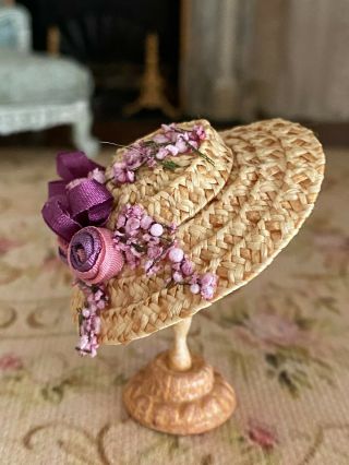 Vintage Miniature Dollhouse Artisan Made Victorian Summer Straw Hat Rose Purple 3