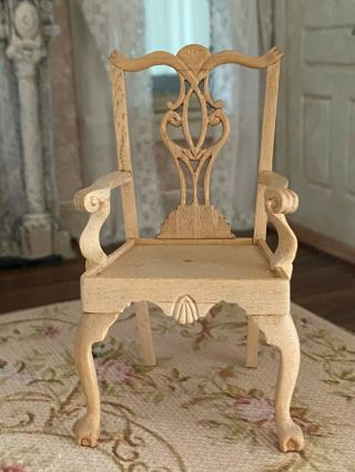 Vintage Miniature Dollhouse Artisan Signed Carved Ornate Wood Accent Chair,  Arms
