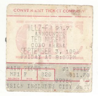 Rare Ted Nugent 9/3/82 Detroit Mi Cobo Arena Concert Ticket Stub