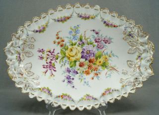Dresden Franziska Hirsch Hand Painted Floral & Relief Molded Gold Platter
