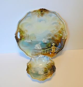 Antique German Rs Prussia Swans Porcelain Cake Plate Dessert Bowl