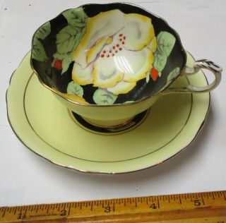 Vintage Paragon Tea Cup & Saucer Porcelain Yellow Black Large Flower Gold Trim