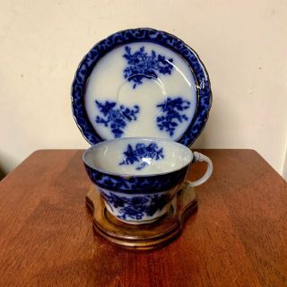 Antique Stanley Pottery Touraine Flow Blue Tea Cup And Saucer