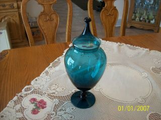 Aqua Tall Vintage Empoli Covered Compote Apothecary Candy Jar Made In Italy