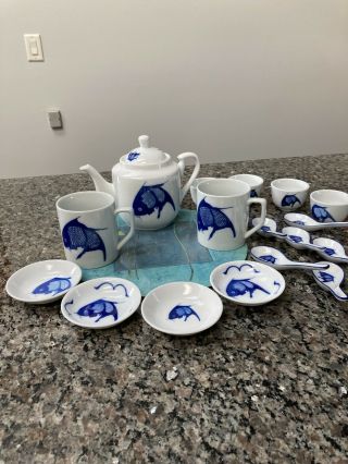 17 Pc Set Misty Rose China Blue & White Japanese Koi Fish Teapot Cup Mug Spoons