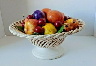 Vintage Intrada Ceramic Pedestal Fruit Bowl/basket Woven Lattice Italy Majolica