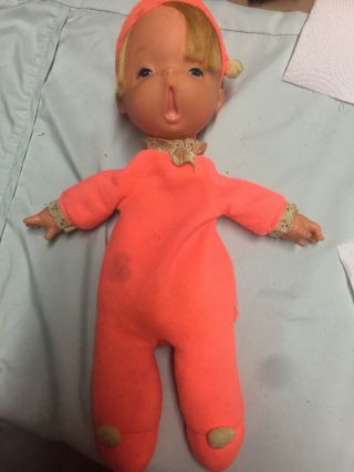 Vintage 1970 Mattel Baby Beans Bedsie Bean Yawning In Neon Orange Pjs Doll