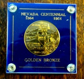 1864 - 1964 Nevada Centennial Medallion Golden Bronze In Wonderful Lucite Holder