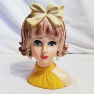 Vintage Lady Head Vase Teen Earrings Japan 5 1/2” Tall With Yellow Bow & Dress