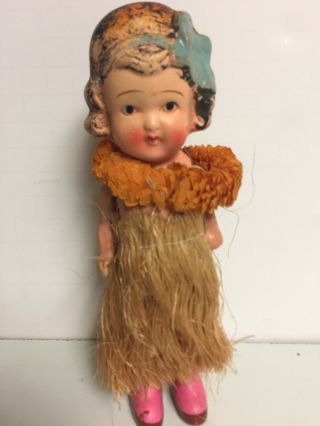 Vintage 6.  5 " Bisque Flapper Doll With Flower Hair Wreath And Hawaiian Dress