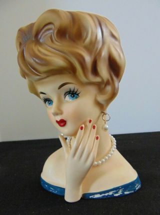 Vintage Lefton Japan Lady Head Vase 6” Tall Pearl Necklace Earrings Hand To Face