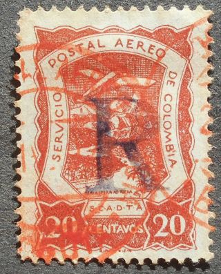 Colombia 1921 Regular Issue,  20c Stamp,  Mi 24,  " R " Handstamp,  Cv=50eur