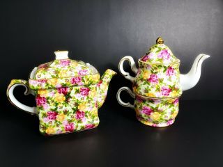 Royal Staffordshire Teapot Set Chintz Roses 24k Gold Fine - Bone China England