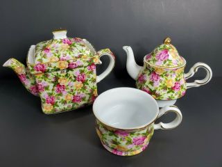 Royal Staffordshire Teapot Set Chintz Roses 24K Gold fine - bone china England 3