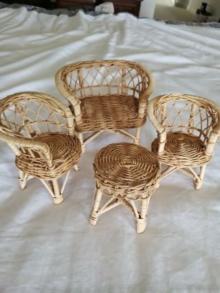 4 Pc Set Of Vintage Wicker Rattan Furniture - Barbie Size From 1971 Doll House