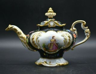 Old Paris French Hand Painted Victorian Woman Flowers Black & Gold Teapot