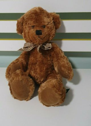 Russ Berrie Teddy Bear Tyler Brown With Checkered Bow 28cm Beans Inside