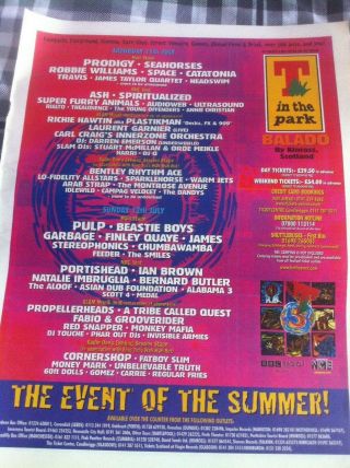 T In The Park 1998 - Advert Small Poster Prodigy Pulp Robbie Williams