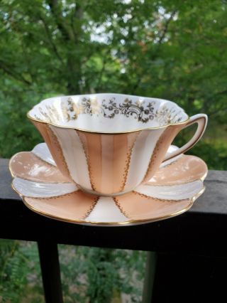 Shelley Teacup And Saucer Striped Shelley Teacup Peach And White And Gold