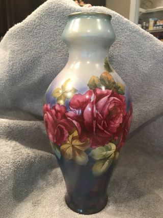 Royal Vase Bonn Germany Blue With Red Roses 12 3/8” Tall