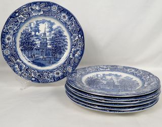 7 Staffordshire Liberty Blue Independence Hall Ironstone Dinner Plates England