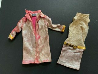 Vtg 60s Barbie Doll Gold Dress W/ Matching Coat Pink Lining