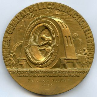 France Union of Electrical Construction Bronze Art Deco Medal By Pelletier 67mm 2