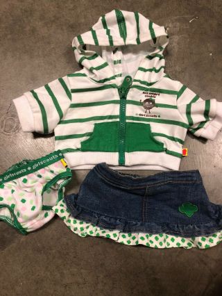 Build A Bear Girl Scout Hoodie,  Skirt & Undies Outfit Green White Denim