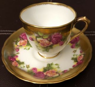 6 Royal Chelsea Golden Rose Brushed Gold Footed Demitasse Cup And 7 Saucers