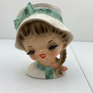 Vintage Ceramic Lady Girl Head Vase Planter Hat Velco 6687 Los Angeles Japan