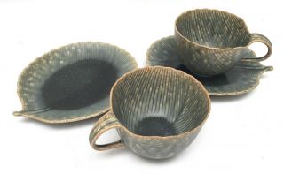 Two (2) Kotobuki Japan Green Leaf Tea Cups and Saucers 2