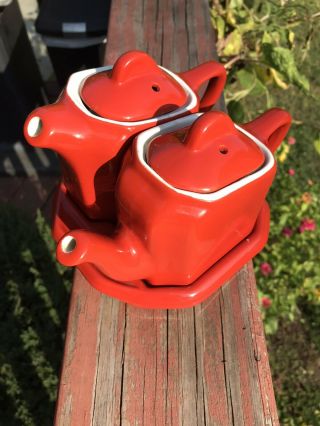Vintage Hall China Twin Teapot Set W/base - Red,  185 186 188