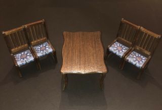 Vintage Miniature Wood Dollhouse Furniture,  Dining Room Table & Four Chairs 1:12