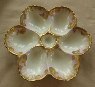 Antique France Hand Painted Porcelain 6 Well 9 1/2 Inch Oyster Plate Heavy Gilt