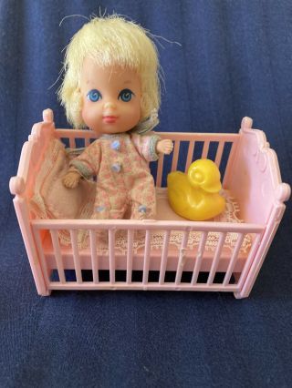 Vintage Liddle Kiddles Liddle Diddle Doll With Crib,  Blanket,  Pillow And Duck