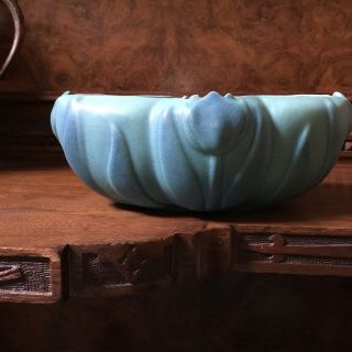Vintage Van Briggle Pottery Ming Blue Tulip Floral Bowl With Frog