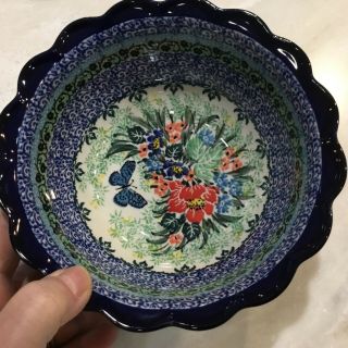 C.  A.  Polish Pottery 7” Scalloped Edge Bowl - Unikat - 4553 Butterfly - T.  Liana -