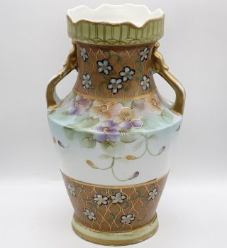 Antique Nippon Art Nouveau Gold Beaded Moriage Floral Two Handled Vase 7”w 10”h