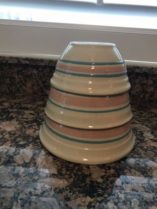 Set Of 3 Vintage Mccoy Pottery Pink Blue Striped Ovenware Mixing Bowls 6,  7,  8