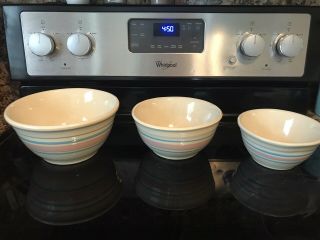 Set of 3 Vintage McCoy Pottery Pink Blue Striped Ovenware Mixing Bowls 6,  7,  8 2