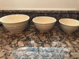 Set of 3 Vintage McCoy Pottery Pink Blue Striped Ovenware Mixing Bowls 6,  7,  8 3