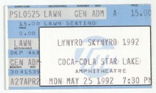 Rare Lynyrd Skynyrd 5/25/92 Pittsburgh Pa Star Lake Concert Ticket Stub