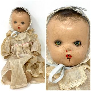 14” Antique Composition/cloth Baby Doll By Horsman,  Tin Eyes