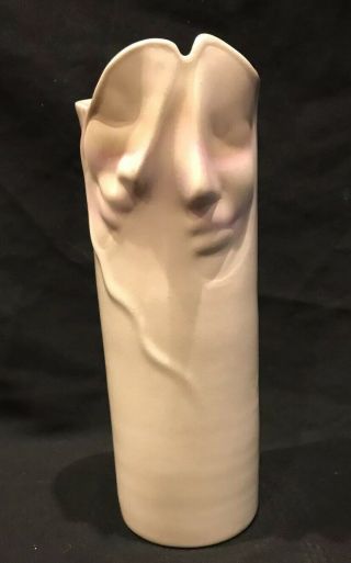 Vintage Lund 1990 Vase; Man & Woman; Cream With Pink Accents Signed Pottery