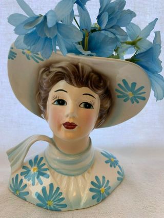 Vintage Lefton Headvase/head Vase With Blue Flowers 6 1/4 "