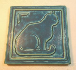 Pewabic Seated Cat Tile 7 3/4 " Square Blue - Green/teal 1992 Detroit Mi.