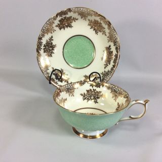 Paragon Double Warrant Tea Cup Wide Mouth Saucer Heavy Gold Filigree Green