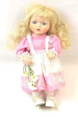 Blonde 11  Porcelain Doll Pink White Lining Flowers Unknown Maker