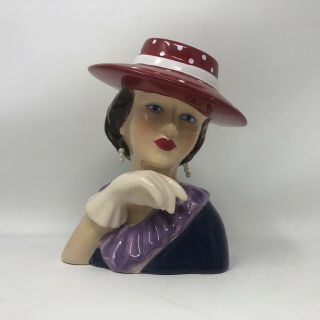 Vintage Lady Head Vase Planter Red Hat Society Bust Ceramic Pearl Earrings 6”