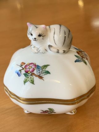 Herend Trinket Box With Striped Cat